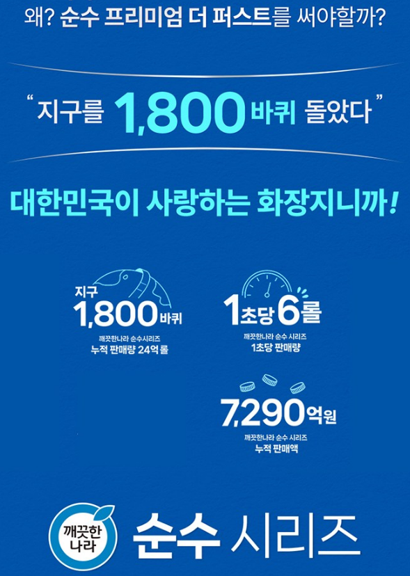 깨끗한나라 순수 프리미엄 더 퍼스트 천연펄프 3겹 고급롤화장지 상품 소개 3 순수 시리즈